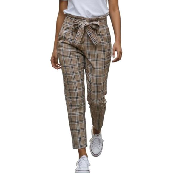 a new day Pants - A New Day Womens Trouser Pants 2 High-Rise Brown Plaid Belted Tie Waist Straight